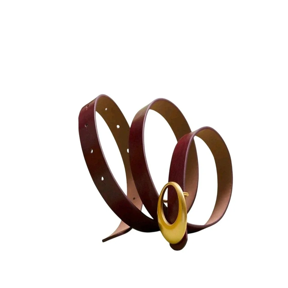 Women Burgundy faux Leather Belt‎ Gold Oval Buckle Fashion Accessory